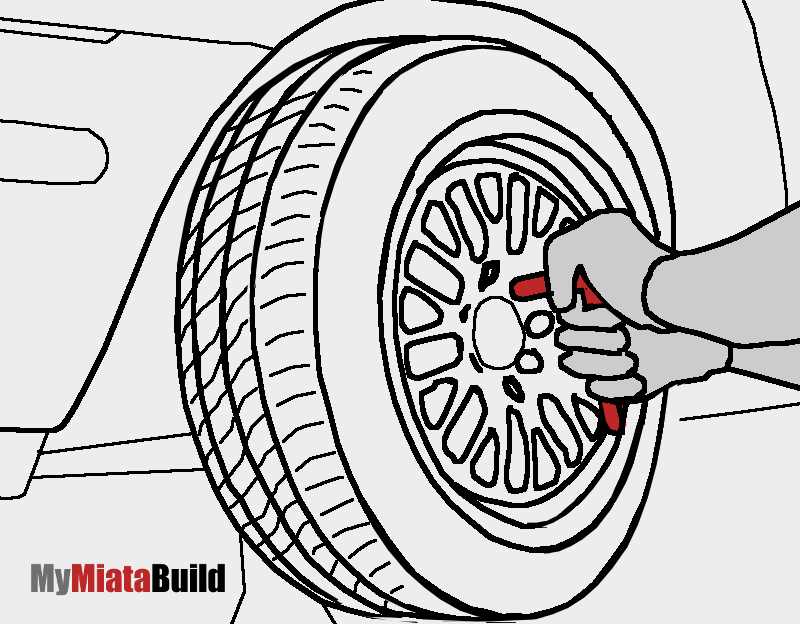 Miata change rear brakes - remove lug nuts and wheel